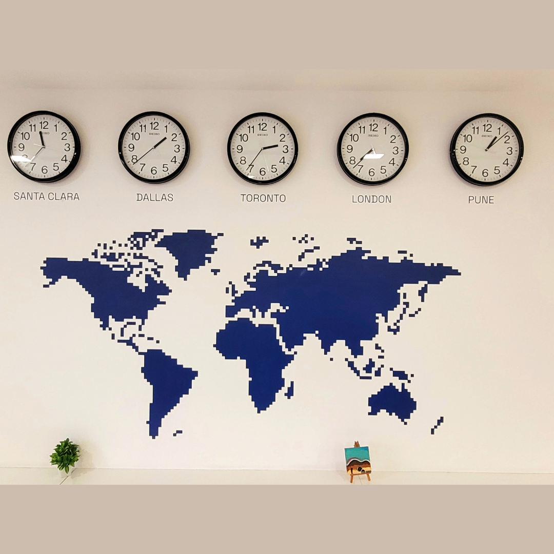 Fresh Gravity world map and global clocks wall design