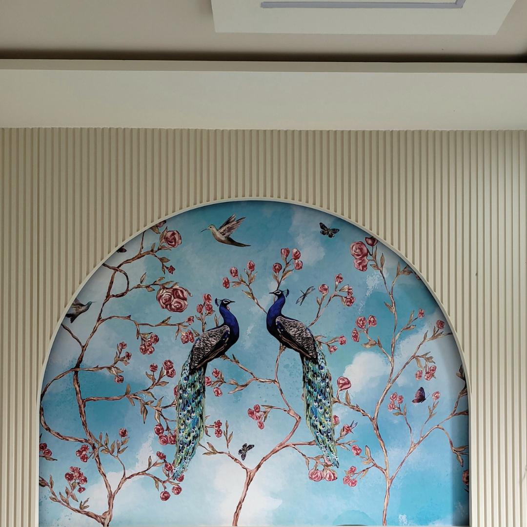 Peacock wallpaper feature wall